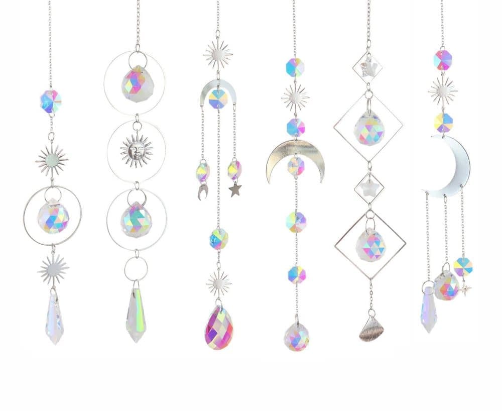 6-pack Solar Wind Chimes with Crystal Pendants, 12 inches, Silver - Reflects Light for Beautiful Patterns