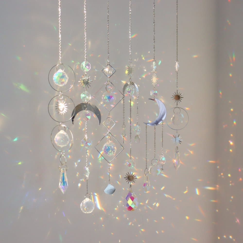 6-pack Solar Wind Chimes with Crystal Pendants, 12 inches, Silver - Reflects Light for Beautiful Patterns
