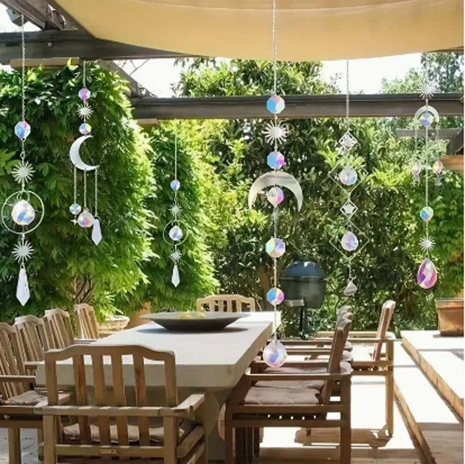 6-pack Solar Wind Chimes with Crystal Pendants, 12 inches, Silver - Reflects Light for Beautiful Patterns