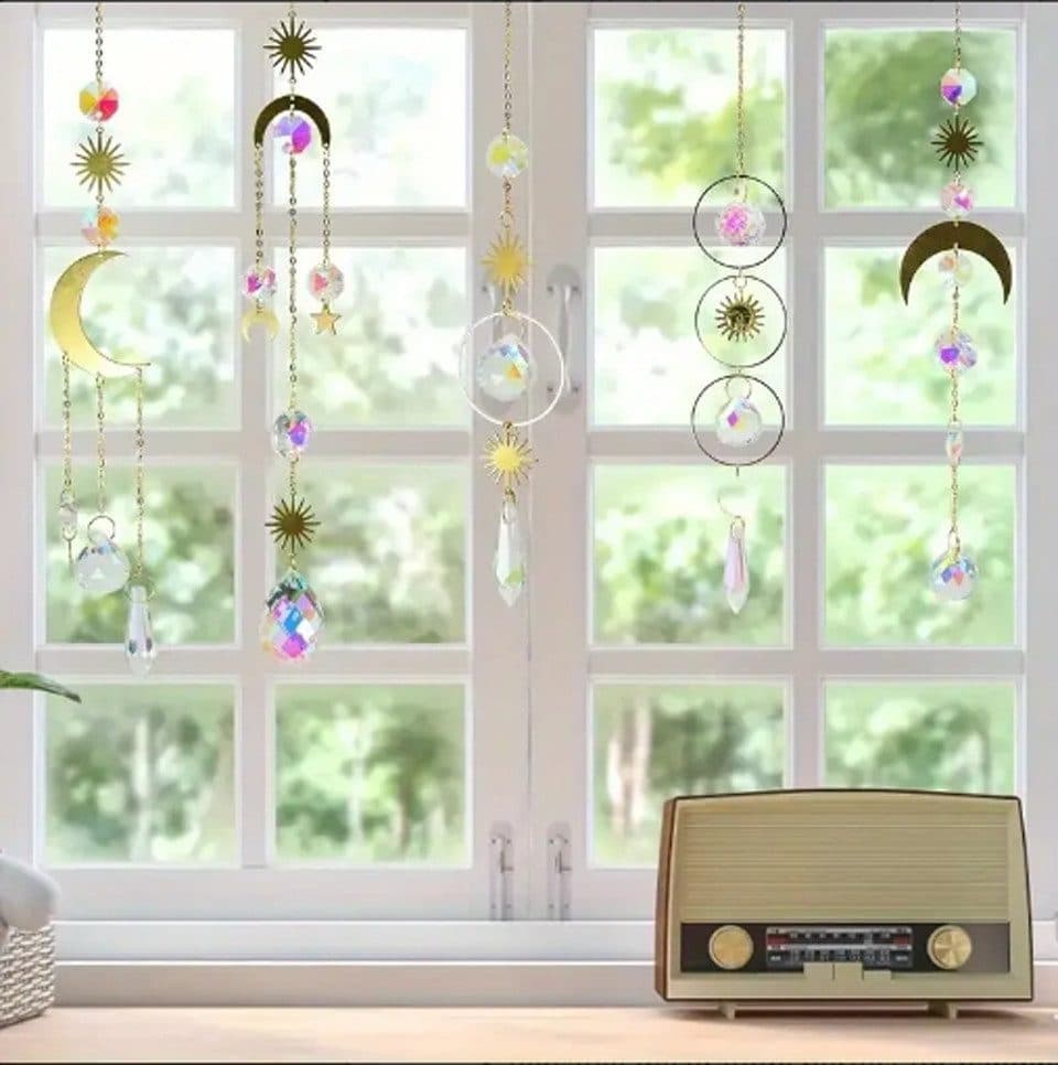 6-pack Solar Wind Chimes with Crystal Pendants, 12 inches, Silver - Reflects Light for Beautiful Patterns