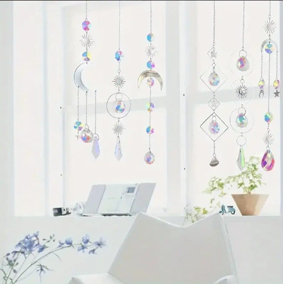 6-pack Solar Wind Chimes with Crystal Pendants, 12 inches, Silver - Reflects Light for Beautiful Patterns