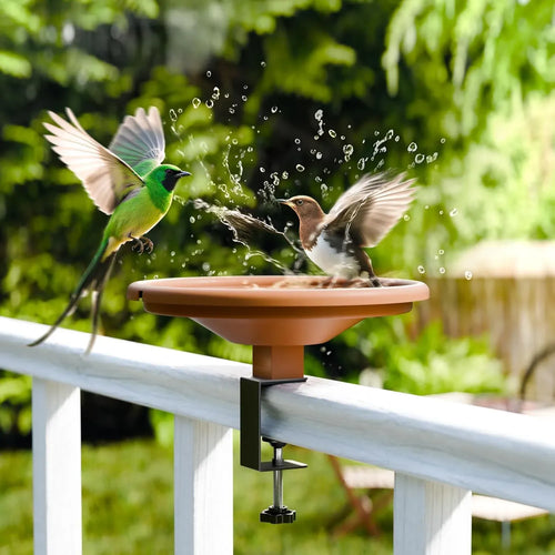 12 Inch Adjustable Bird Bath Bowl with Deck Mount, Tool Free Setup for Balcony Railing and Outdoor Garden, Brown