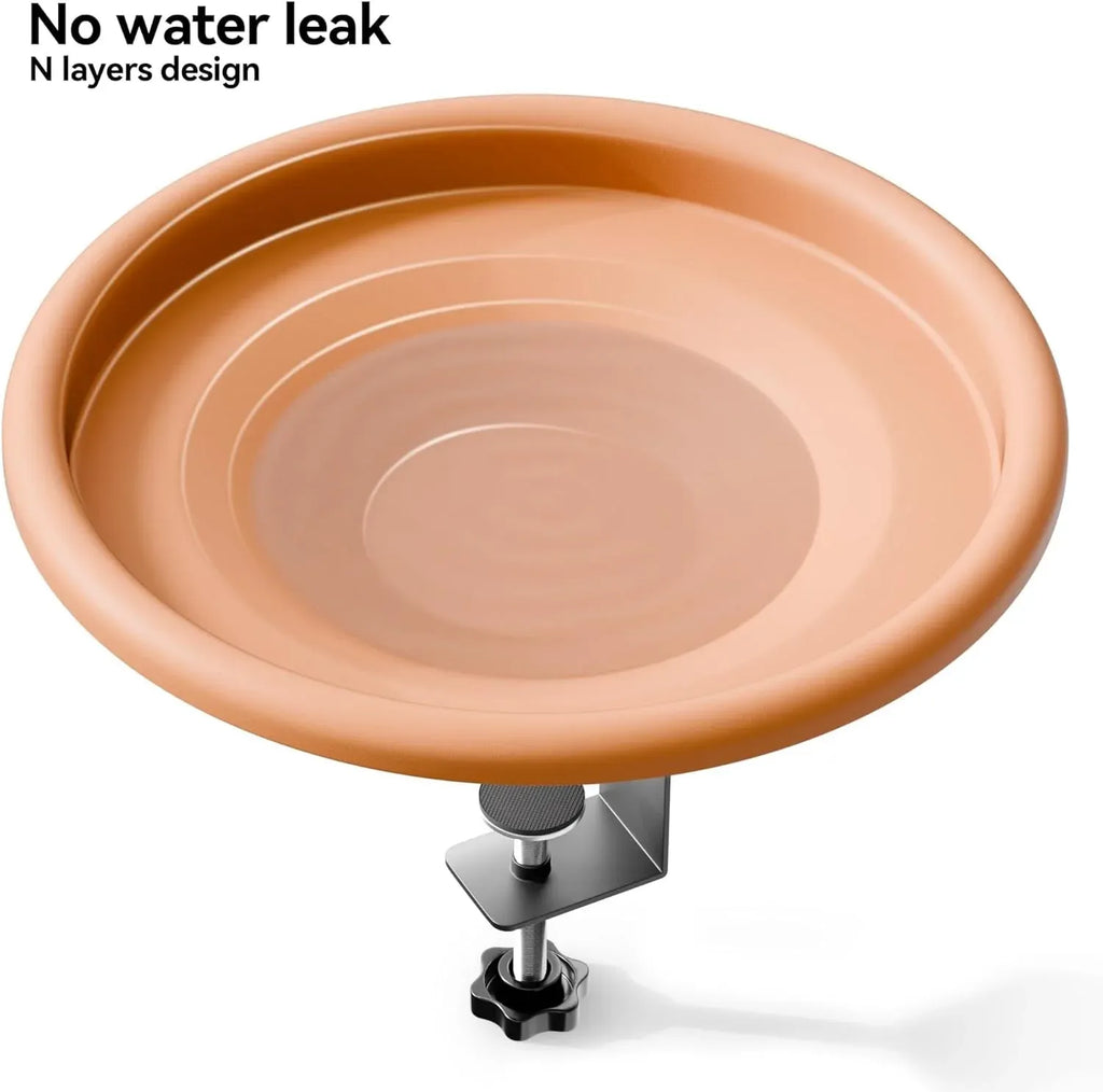 12 Inch Adjustable Bird Bath Bowl with Deck Mount, Tool Free Setup for Balcony Railing and Outdoor Garden, Brown