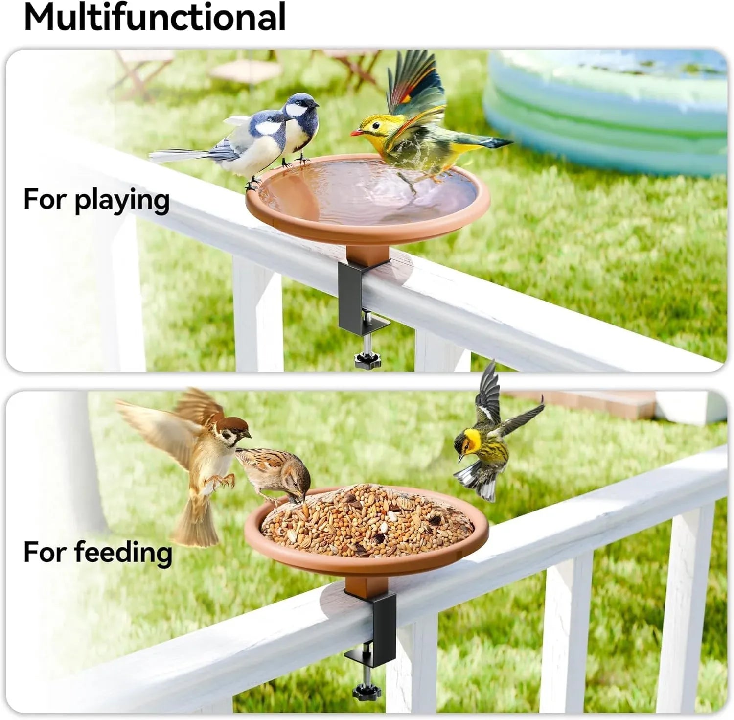 12 Inch Adjustable Bird Bath Bowl with Deck Mount, Tool Free Setup for Balcony Railing and Outdoor Garden, Brown