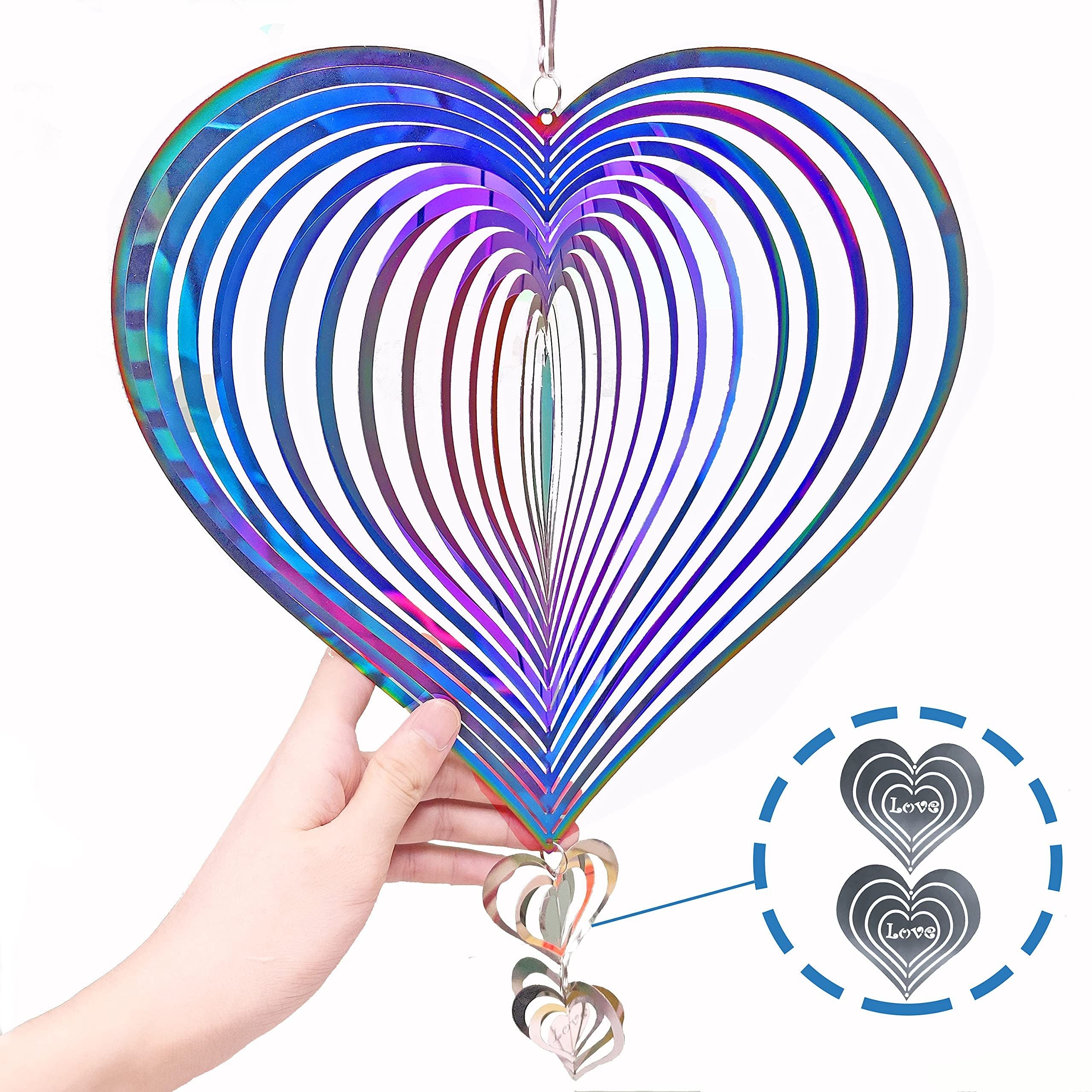 3D Stainless Steel Wind Spinners for Outdoor Yard Decor, Hanging Heart-Shaped Garden Ornaments, Reflective Metal Wind Sculptures for Patio Lawn Decorations,