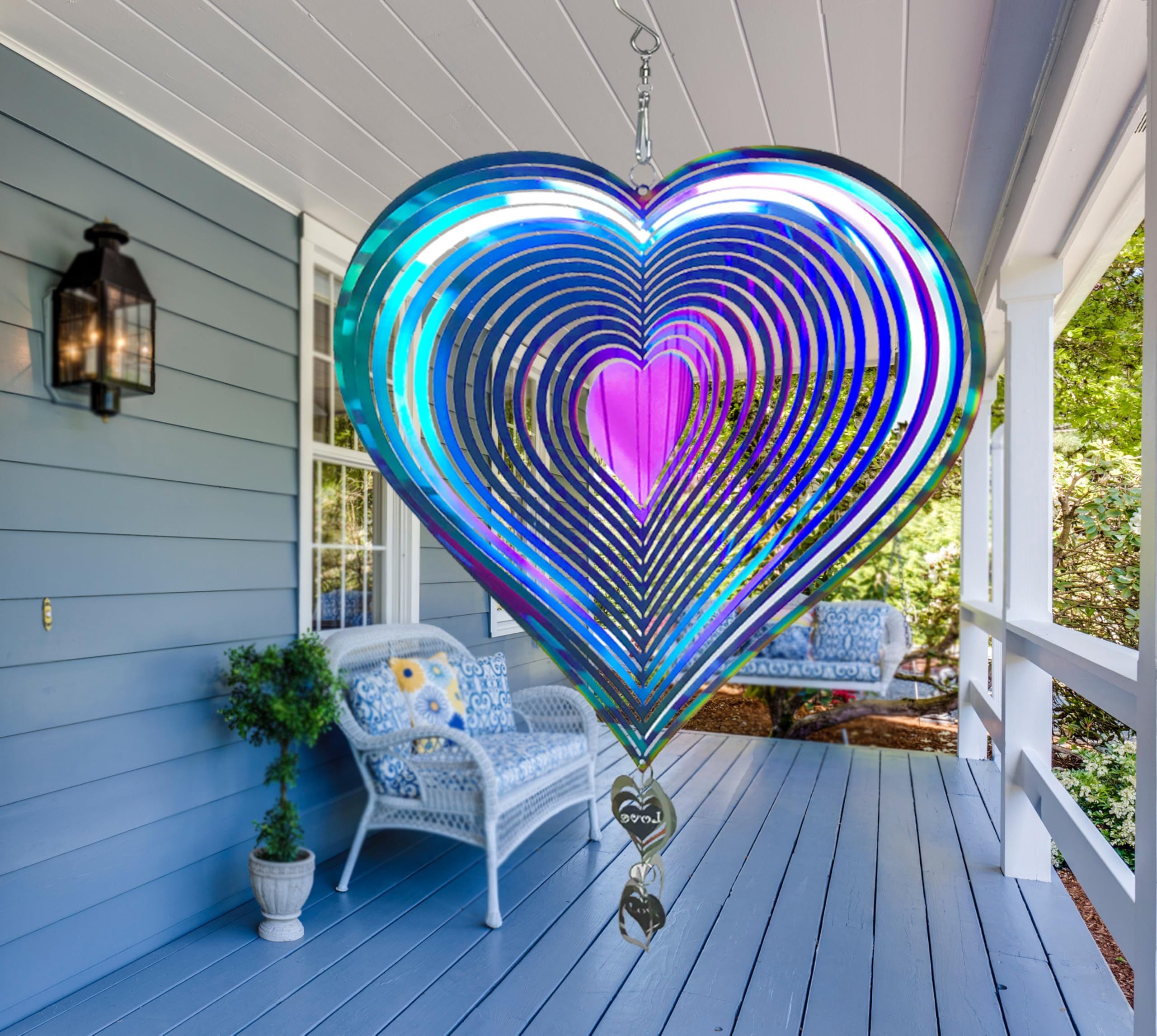 3D Stainless Steel Wind Spinners for Outdoor Yard Decor, Hanging Heart-Shaped Garden Ornaments, Reflective Metal Wind Sculptures for Patio Lawn Decorations,