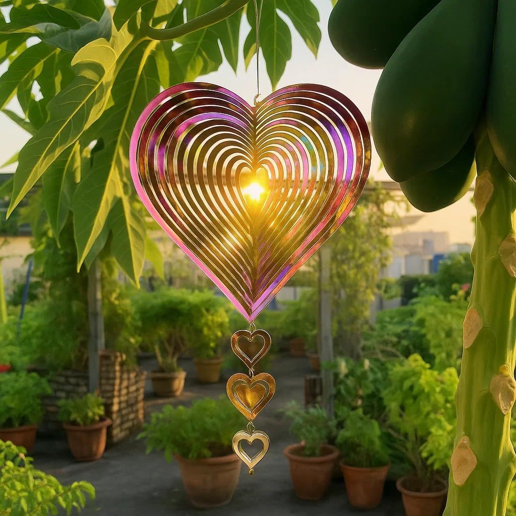 3D Stainless Steel Wind Spinners for Outdoor Yard Decor, Hanging Heart-Shaped Garden Ornaments, Reflective Metal Wind Sculptures for Patio Lawn Decorations,