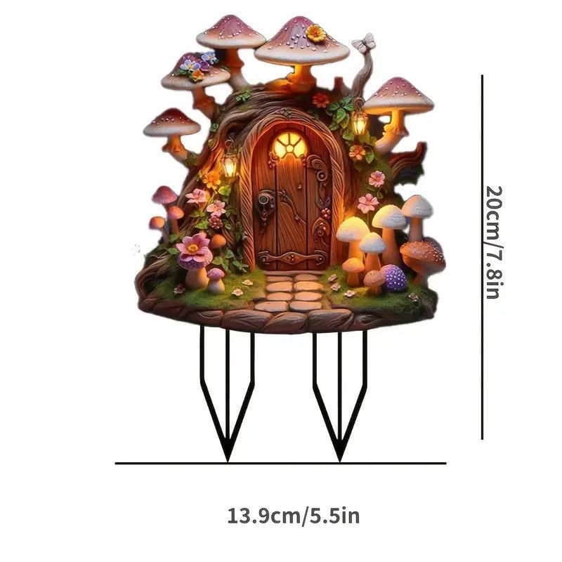 2D Acrylic Giant Mushroom Elf House Garden Stake, Fantasy Cottage Pot Insert, Outdoor Layout Decor Suitable for Christmas Halloween Festival
