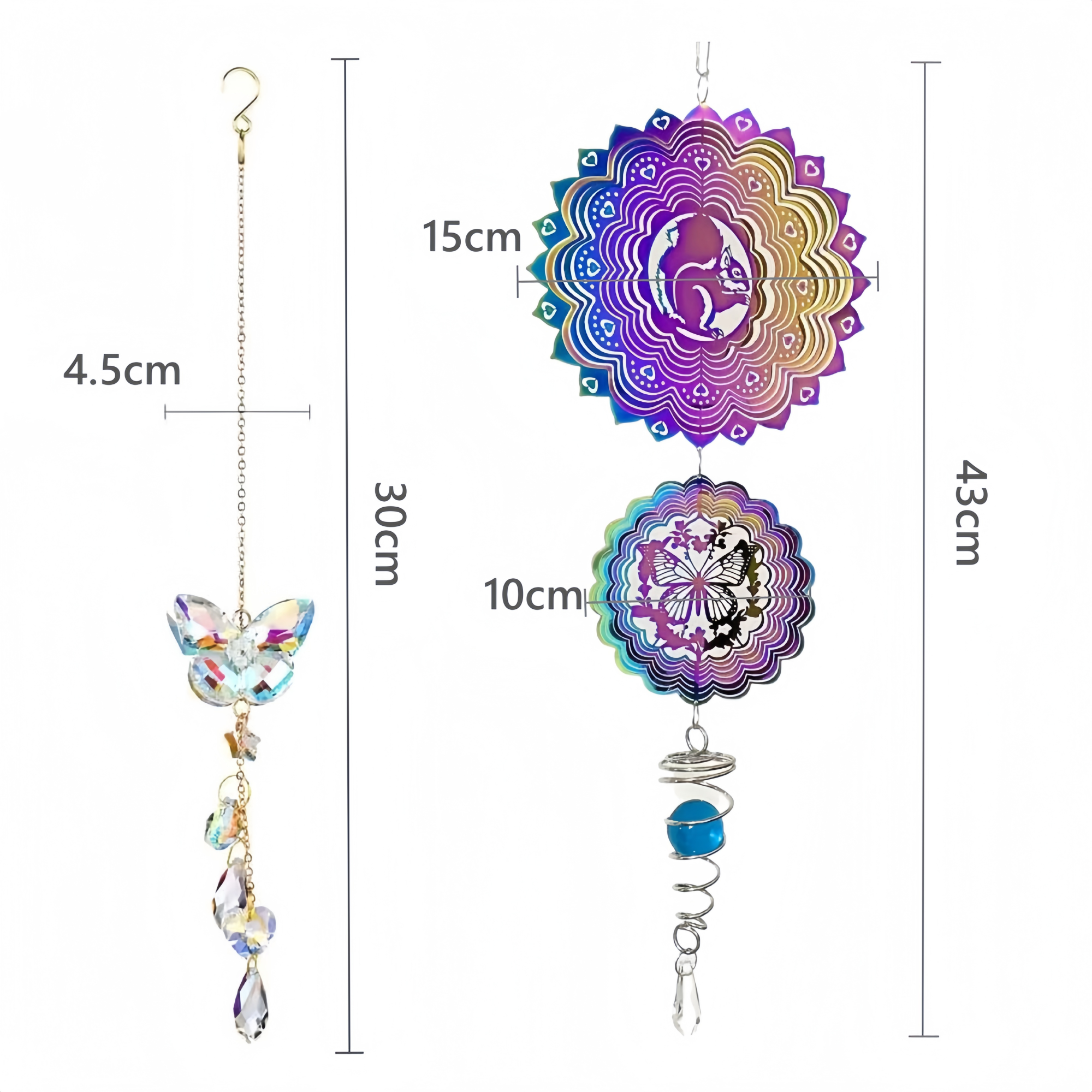 3D Stainless Steel Wind Spinner with Spiral Tail & Butterfly Crystal Sun Catcher, Hanging Metal Wind Chimes for Women Gift, Indoor/Outdoor Decor, Yard Art Decorations