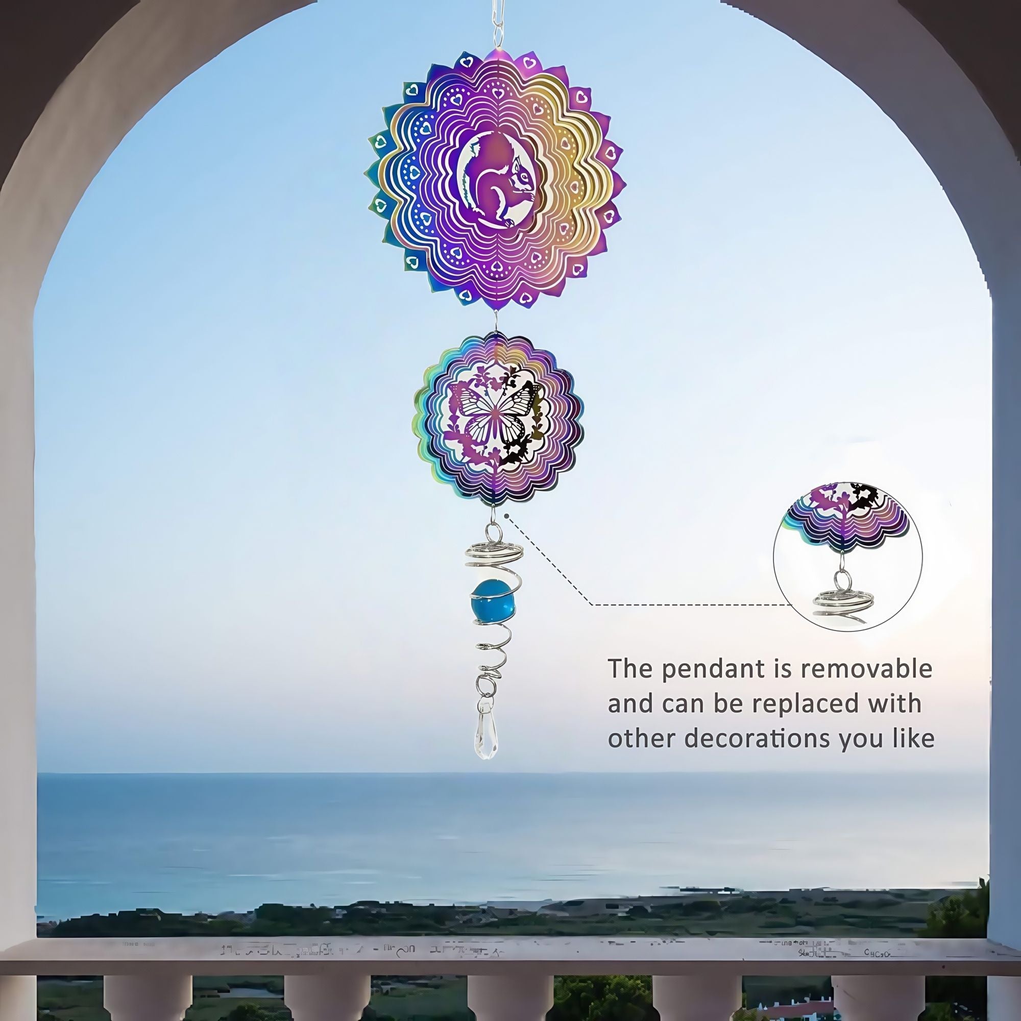 3D Stainless Steel Wind Spinner with Spiral Tail & Butterfly Crystal Sun Catcher, Hanging Metal Wind Chimes for Women Gift, Indoor/Outdoor Decor, Yard Art Decorations