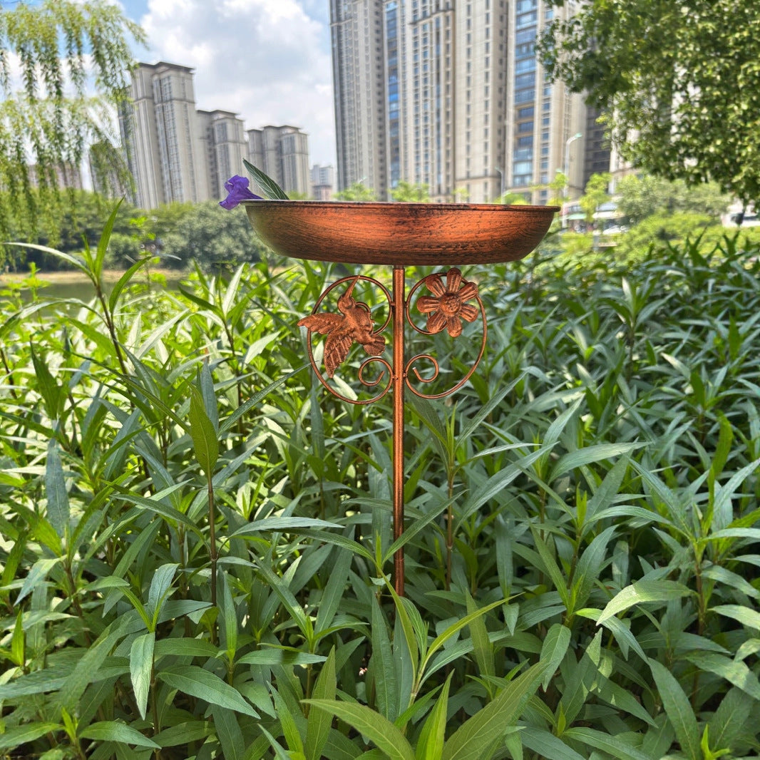 Antique Bronze Color Metal Bird Bath Stake Garden Feeder 79cm Copper Finish with Hummingbird Decor 5-Prong Base for Outdoor Lawns and Backyards