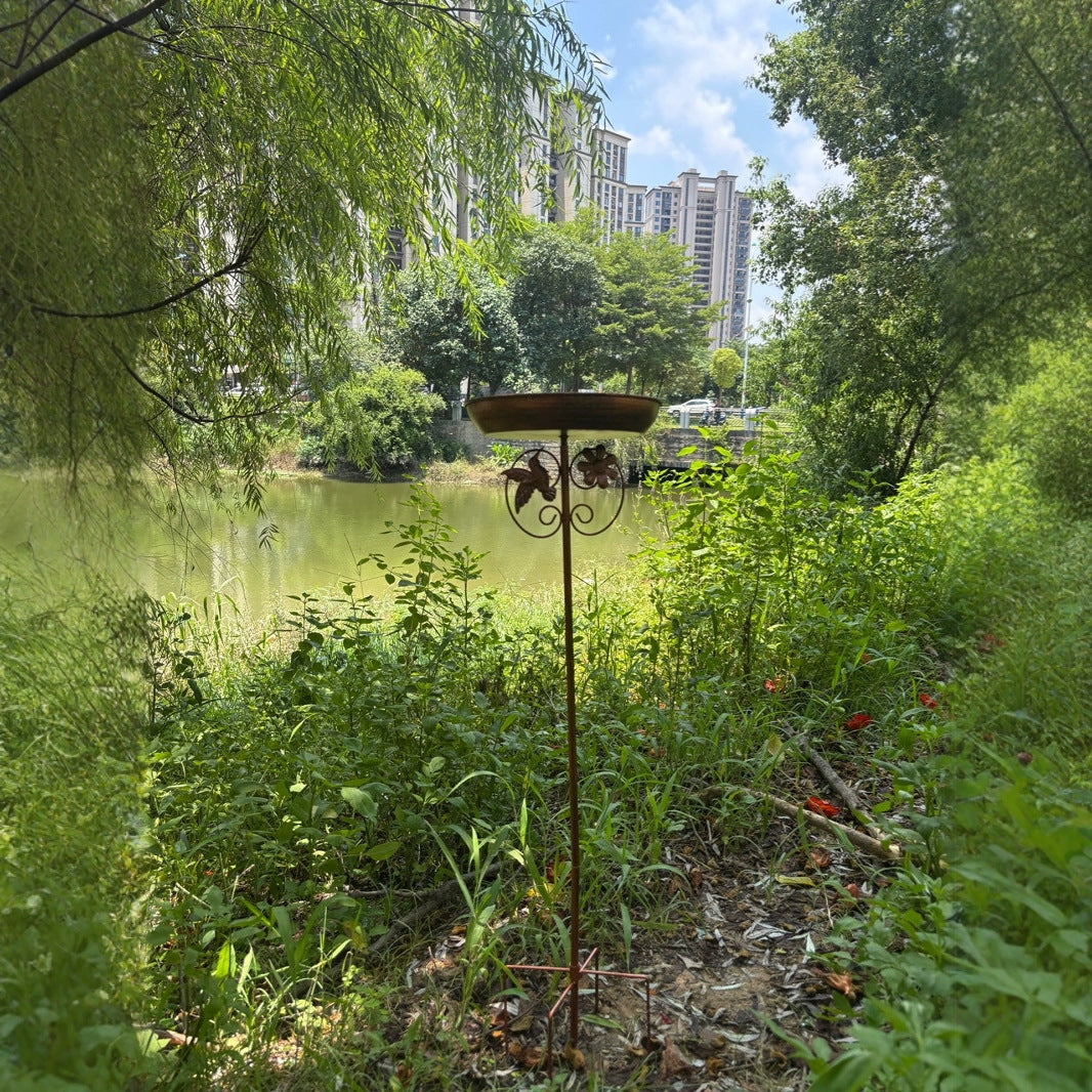Antique Bronze Color Metal Bird Bath Stake Garden Feeder 79cm Copper Finish with Hummingbird Decor 5-Prong Base for Outdoor Lawns and Backyards