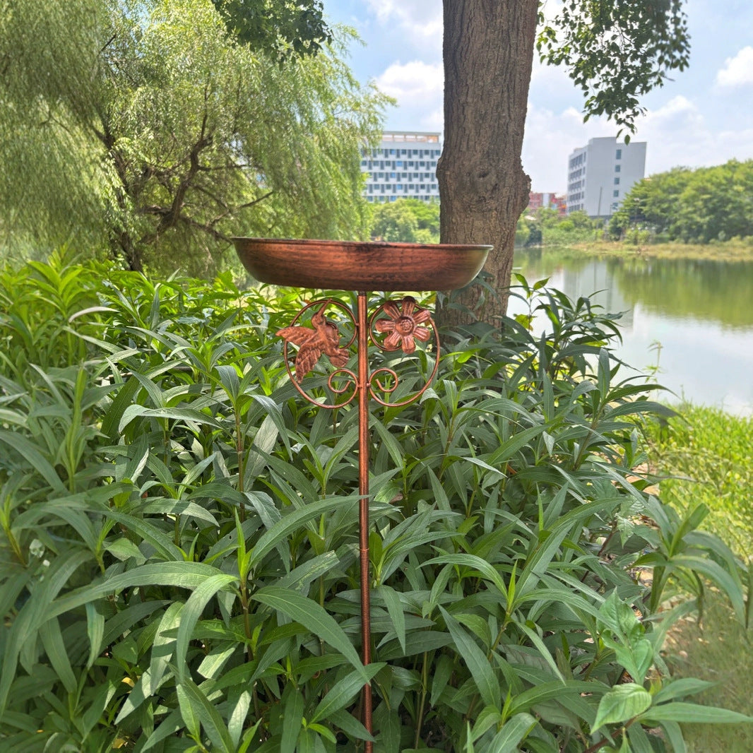 Antique Bronze Color Metal Bird Bath Stake Garden Feeder 79cm Copper Finish with Hummingbird Decor 5-Prong Base for Outdoor Lawns and Backyards