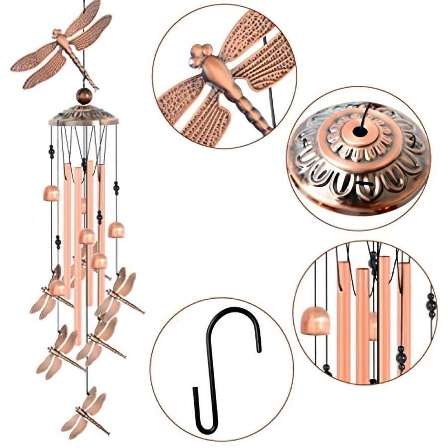 90cm Large Creative Dragonflies Vintage Metal Tube Wind Chimes - Handcrafted Musical Hanging Decor for Garden and Home with Hanging Hook