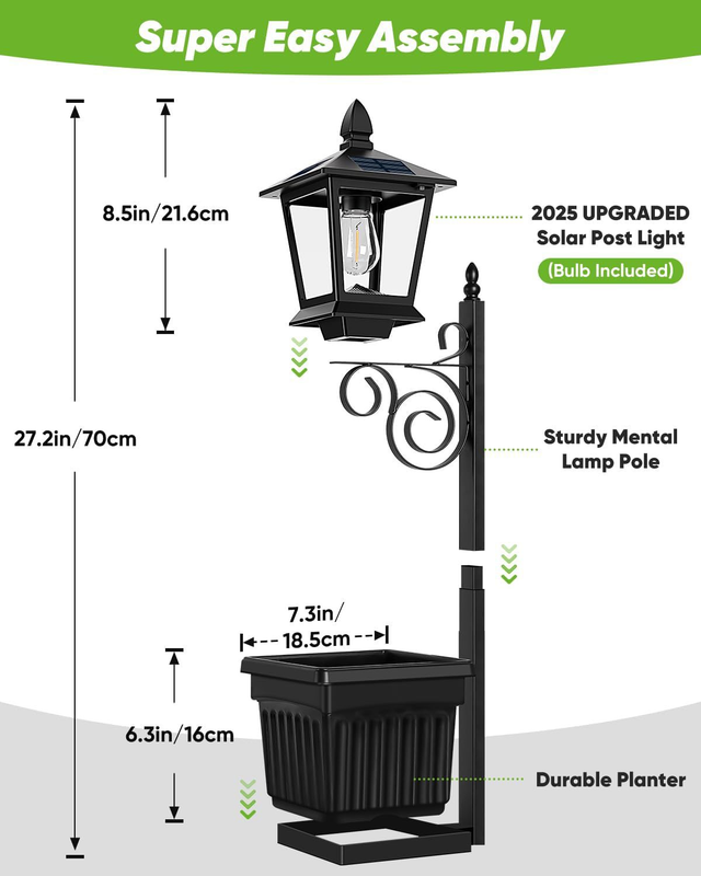 2-in-1 Solar Planter Light Outdoor - Metal Lamp Post & Wall Sconce with Planter Box - IP65 Waterproof LED Lantern for Garden, Patio & Porch - Warm White (Small)