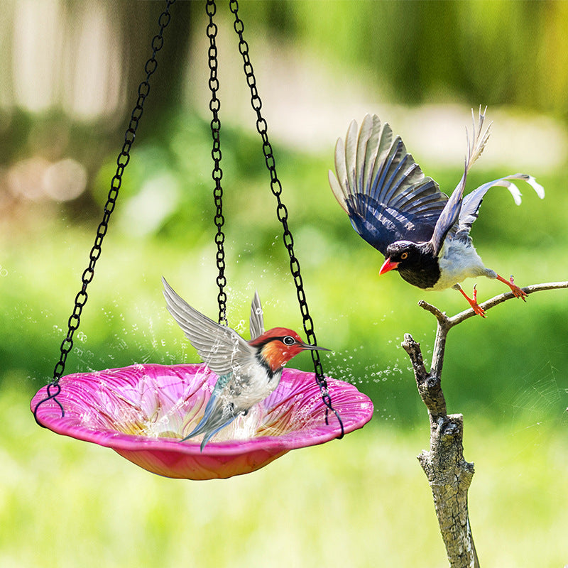 Red Decorative Hanging Glass Flower Bird Bath - 8.1 Inch Vibrant Outdoor Garden Accent
